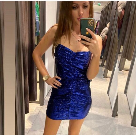 ZARA BLOGGER FAVORITE SPARKLY DRAPED DRESS INK BLUE - Picture 5 of 15